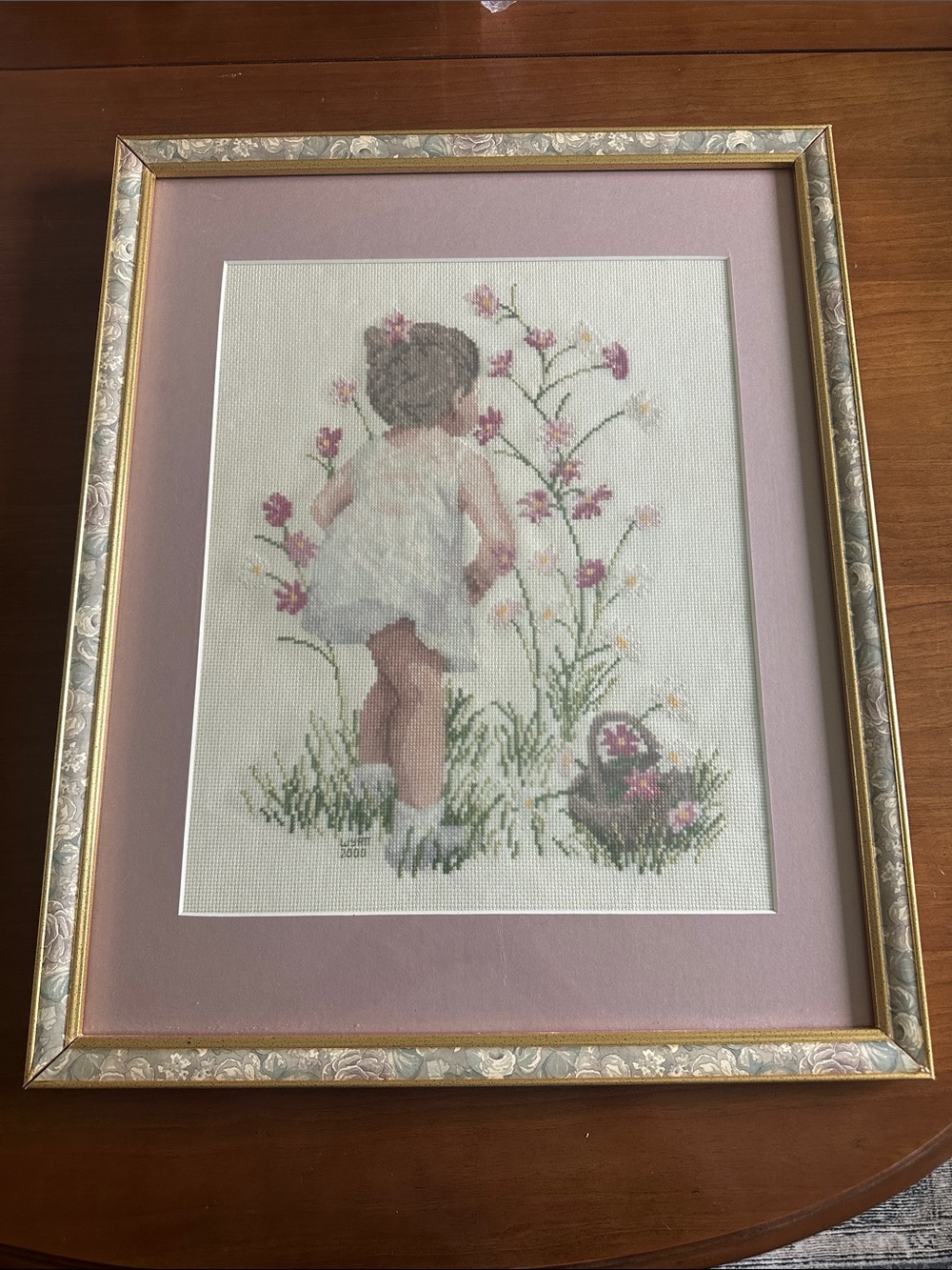 Vintage Jaelynn “Girl with Cosmos” Completed Cross Stich - Framed & Matted
